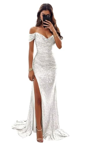Wirunsy Women's Sequin Prom Dresses Long 2025 Sparkly Glitter Off The Shoulder Ball Gown with High Slit Mermaid Formal Evening Maxi Dress with Train 2025 Ivory Size US14