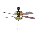 RIVER OF GOODS Stained Glass Magna Carta LED Ceiling Fan - 52' L x 52' W - Tiffany Style - Flush Mount Ceiling Fan - Teal