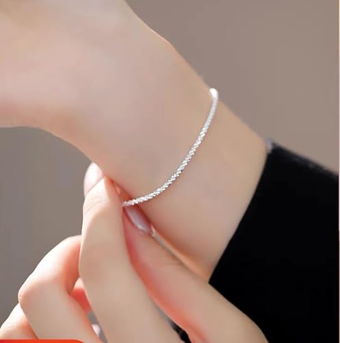 QLKILYR Silver Link Bracelet for Women, 14K White Gold Plated Hypoallergenic Lightweight Cute Sparkle Chain Bracelet, Small Adjustable Shiny Simple Bracelet2