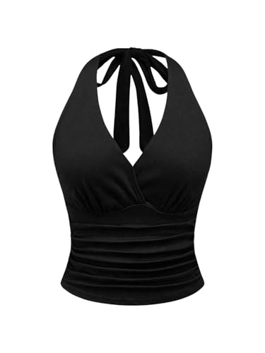 GORGLITTER Womens Sleeveless Crop Halter Neck Top Leopard Print Top Black