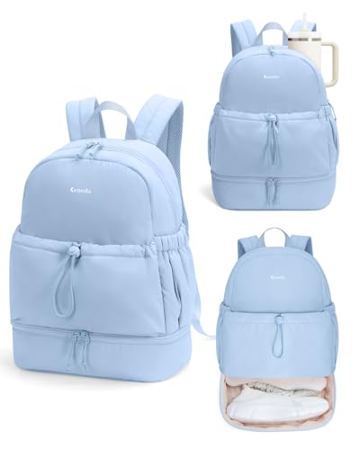 Ceneda Gym Backpack for Women, Lightweight Puffer Backpack with Shoe Compartment, Wet Pocket & Tumbler Strap, Cute Daypack for Fitness, Daily Use & Travel (Light Blue)