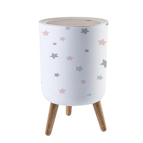 Trash Can with Lid Baby pastel colors stars pattern Baby boho Nursery baby textiles paper Press Top Round Small Garbage Bin with Wooden Legs Waste Basket for Kitchen Bedroom Nursery 7L/1.8 Gallon