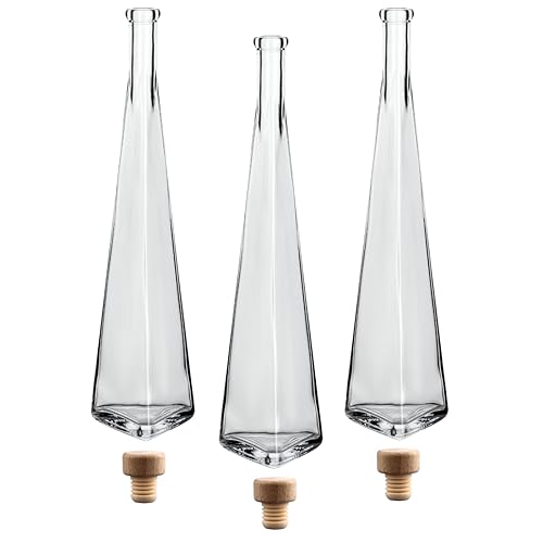 gouveo set de 3 carafes 500 ml pyramide avec bouchons (HGK) - bouteille design 0,5 l en verre avec bouchon en liège - carafe en verre de forme triangulaire pour...