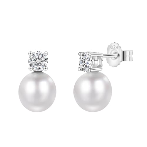 BREN Freshwater Pearl & Moissanite Earrings for Women, 925 Sterling Silver Moissanite Hypoallergenic Stud Earrings for Wedding Anniversary Jewerly Gifts for Women Wife Bride
