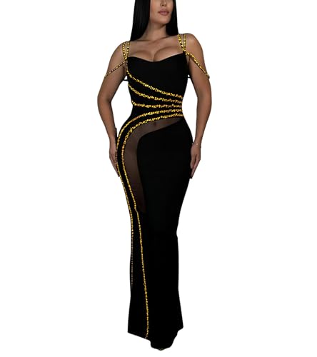 Image of PORRCEY Women's Sexy Rhinestone Lace Sheer Mesh Formal Evening Dress