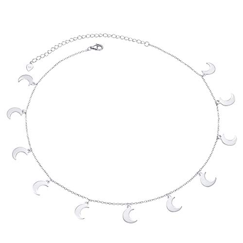 Sterling Silver Jewelry Crescent Moon Choker Necklace Pendant Disc Chain Statement Necklace For Women Girls 13+3 inches