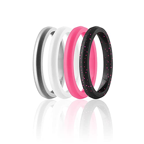 ROQ Silicone Wedding Ring for Women, Set of 4 Thin Stackable Silicone Rubber Wedding Bands Point- Pink, White, Black with Pink Glitter, Silver - Size 11