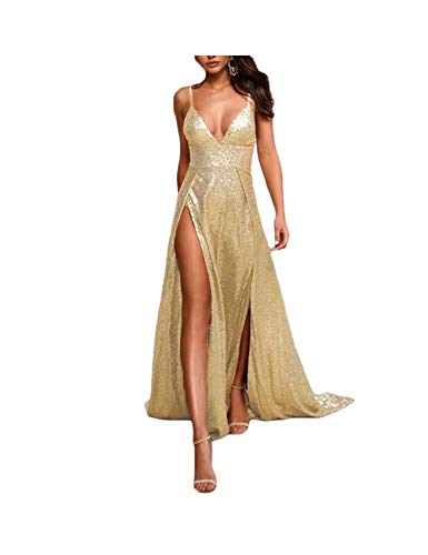 Stillluxury Spaghetti High Slit Pailletten Abendkleider für Frauen Prom Pary Occasions Gown E30 Gr. 36, champagnerfarben Cover