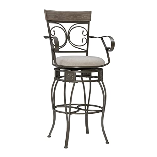 Powell Dayne Big And Tall 31" Barstool With Arms In Pewter Metal With Light Grey Padded Seat With 360 Swivel #TOP17