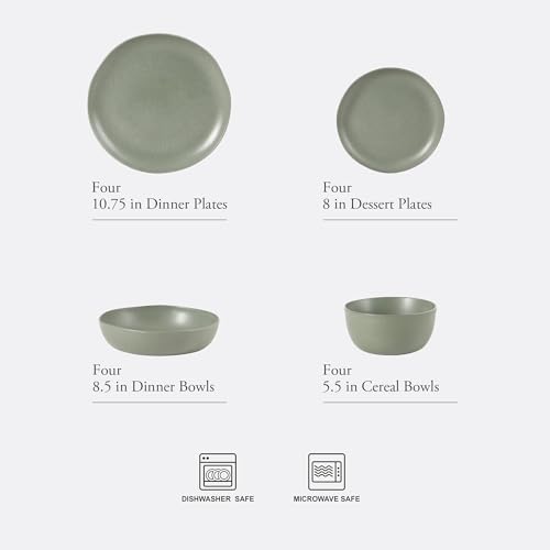 Image of Gibson Elite Menlo Park 16-Piece Pottery Clay Stoneware Dinnerware Set - Green Reactive Glaze, Organic Shape Embossed Plates and Bowls W /Pasta Bowl, Service for 4 - Microwave & Dishwasher Safe