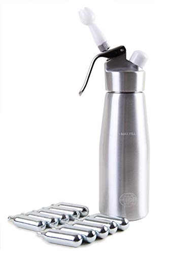 Professional Whipped Cream Dispenser for Delicious Homemade Whipped Creams, Sauces, Desserts, and Infused Liquors - uses 8g N2O cartridges (500ml, 1 Pint) with 10 chargers