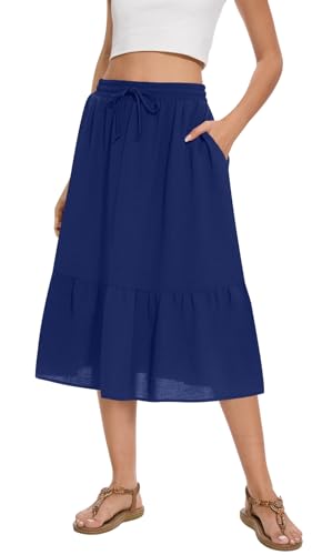Women's Midi Skirt Summer Tiered Flowy High Waisted Casual Skirts with Pockets