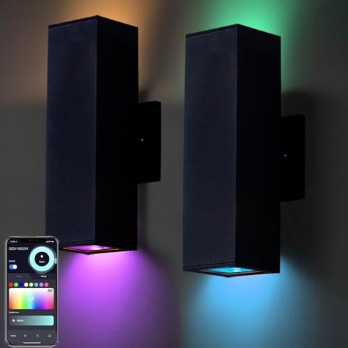Image of rosykite Smart Outdoor Wall Lights, RGB Color Changing Up Down Sconce 13 inch | Daily Lighting, Dimmable, Tunable White, Aluminum Exterior Lights for Porch , 4 Replace RGB+CCT Bulb, 1300LM, APP Alex Remote