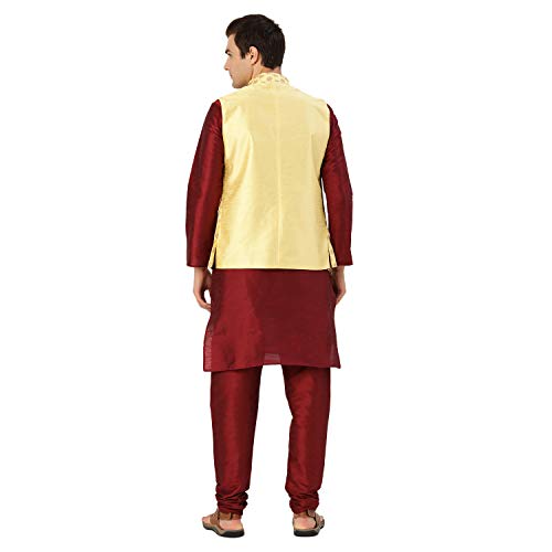 Image of SOJANYA (Since 1958 Men's Cotton Linen Maroon Kurta and White Pyjama with Mustard Cotton Nehru Jacket