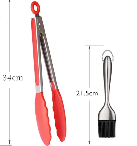 Image of Baskety Tongs Non-Stick Stainless Steel Silicone Kitchen Food Cooking Tongs with Silicone Heat Resistant Pastry Brushes (12 Inch Red with Brush)