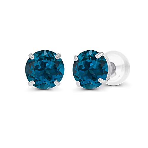 Genuine 14K Solid White Gold 6mm Round Natural London Blue Topaz December Birthstone Stud Earrings
