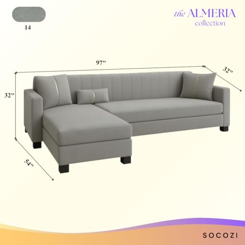 Image of SOCOZI Almeria 5 Seater LHS L Shape Sofa Set | Soft Velvet Suede Fabric | Modern Design | Plush Comfort Cushions for Living Room (Light Grey)
