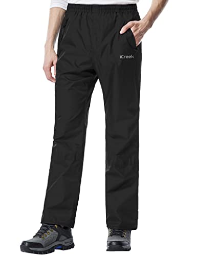 iCreek Men's Rain Pants Waterproof Cargo Pants Breathable Lightweight Over Pants Windproof Outdoor for Hiking, Golf, Fishing Cycling, Black, X-Small/30 Inseam