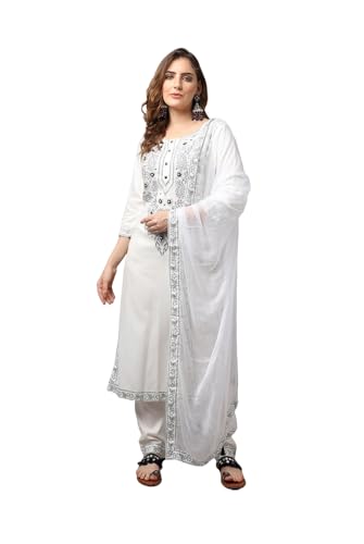 Parvdi Conjunto de kurta para mujer, estilo indio, talla grande, Kurti con pantalones y conjunto Dupatta, Blanco y plateado, Large