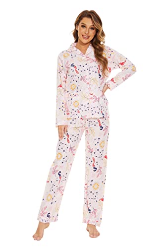 GLOBAL Women Cotton Pajamas Long Sleeve PJs Button Down Sleepwear S-3XL