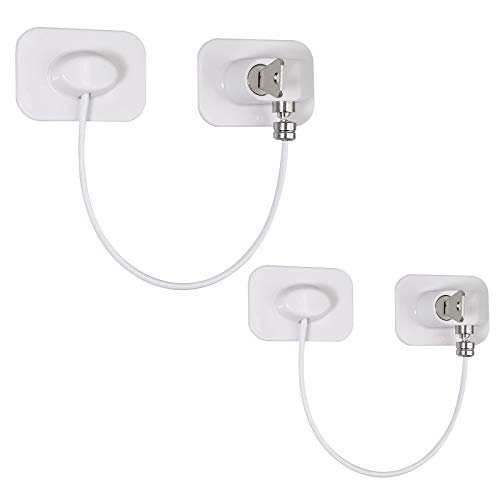 2 Piezas Cerraduras Nevera 18 cm Cable de Acero Inoxidable 304 Cerradura para Muebles con Adhesivo Fuerte Sin Taladro para Ventanas Puertas Refrigerador Gabinete Armarios Cajones-Rectangular Blanco