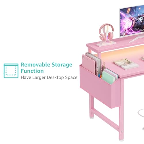 Image of Lufeiya Girls Desk with Power Outlets and LED Lights, 40 Inch Gaming Desk Table with Charging Station, Home Office Computer Desks with Monitor, Pink