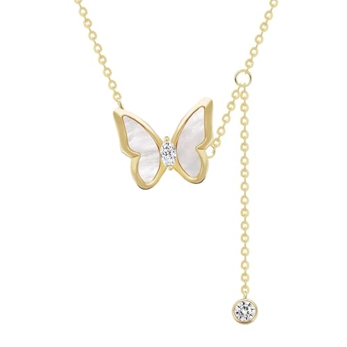 Mylinn 925 Gold-Plated Butterfly Necklace – Mother-of-Pearl Inlay with Delicate Zircon Accent Chain, Layered Design for Daily Elegance, Gold, 1.4cm×1.4cm