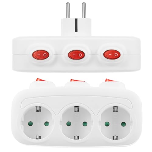 Lot de 2 Multiprise avec Interrupteur Individuel 3 Prises Bloc Multiprise avec Protection Contre Les Surcharges, Sécurité Enfant, 16A 250V Multiprise...
