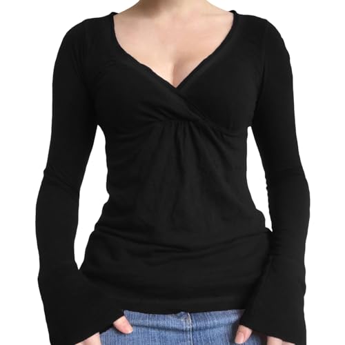 Women Girls Wrap V-Neck Going Out Tops Solid Color Fairy Grunge Long Sleeve Top Y2K Shirts Streetwear (Black, S)