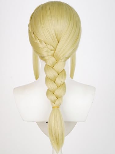 Image of Half and Half Blonde Braid Anime Pony Cosplay Wig with Side Part Bangs for Women Light Golden Braided Dragon-Hunter Costume Wigs for Halloween Party Daily