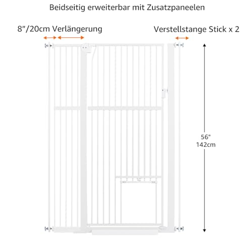 unipaws Hohes Katzengitter Tür, 142 cm hohes Hundegitter mit Katzentür, 95–105 cm breit, druckmontiertes hohes Haustiergitter für Treppen und Türen, Durchgangstür, Weiß