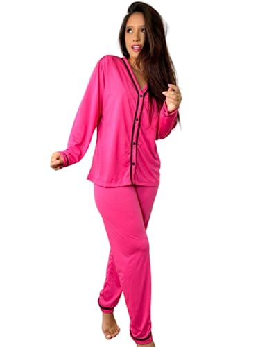 Pijama Longo Blogueira Amamentação Pós Parto Cirúrgico Aberto Botão Inverno Frio Rosa P