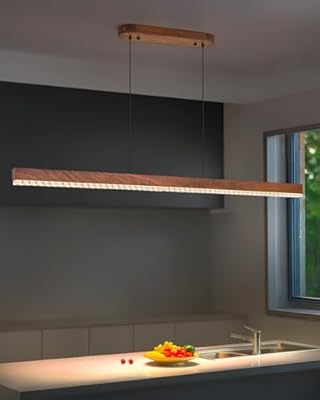 59" Wood Linear Pendant Light, Dimmable Kitchen Island Lighting with Remote, 30W LED Island Lights for Kitchen, Adjustable Linear Chandelier for Dinning Room Light Fixture, Bar, Pool Table - Walnut