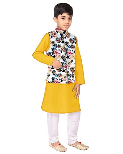 Image of Os Men's & boy kurta pyjama set with nerhu jackets (Multi printed) in cotton (baap beta|father son|)