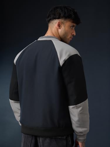 Image of The Souled Store Midnight Edge: Men and Boys Full Sleeves Spread Collar Black and Grey Solid Polyester Regular Fit Lightweight Utility Pockets Bomber Jacket