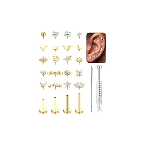 YADOCA 16G Tragus Helix Piercings Gold Chirurgenstahl Piercing Ohr Innengewinde Nasenpiercing Stecker Zirkonia Lippenpiercing Labret Knorpel Conch Tragus Piercing Set 6/7/8/10MM