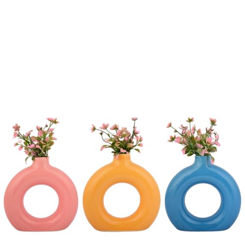 Image of Store499 Ceramic Flower Vase | Pampas Grass Vase | Home Decor Centrepiece | Decor Showpiece (Pack of 3) (Colour- Pink, Blue, Yellow) (Shape- Donut, Donut, Donut(Size- 6, 6, 6 Inch)