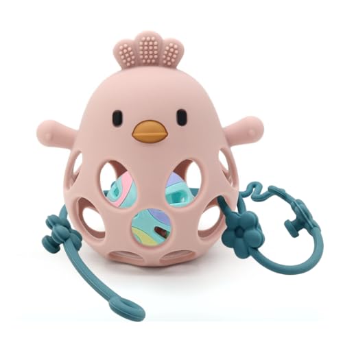 MME Mordedor Bebe Refrigerante, Sonajero, Mordedores Bebés 3-6meses, Mordedor Bebé 6-12 meses, Regalo bebe, Juguetes bebes 0-3 meses, Juguete bebe 6 meses (Rosa con bolita y correa)