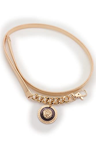 Women Gold Skinny Fashion Belt - Waist Hip Metal Elastic Band Lion Coin Charm Adjustable M L XL4