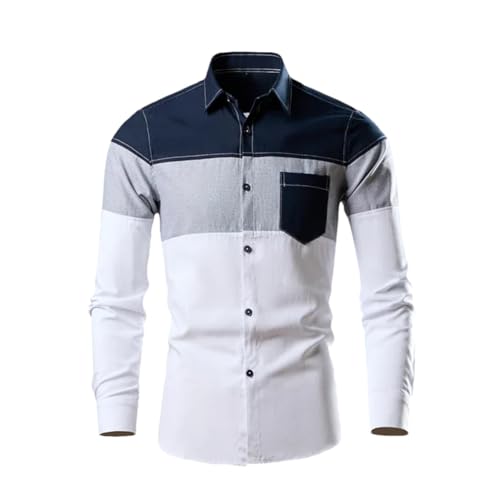 Image of Contrast Color Patchwork Oxford Shirt for Men Long Sleeve Casual Business Workwear Shirts Navy XXL