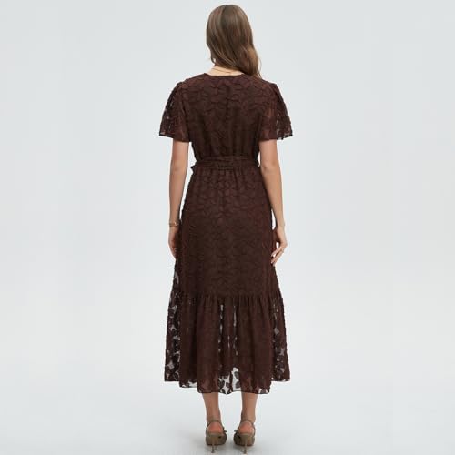 Image of Women's Summer Bohemian Floral Chiffon Dress Cap Sleeve V Neck Ruffle Long Flowy Boho Casual Vacation Dresses