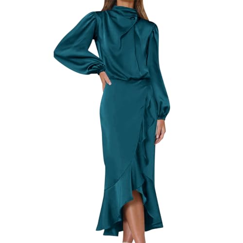 Robe de cocktail manches longues en satin col montant fini le froid en soirée