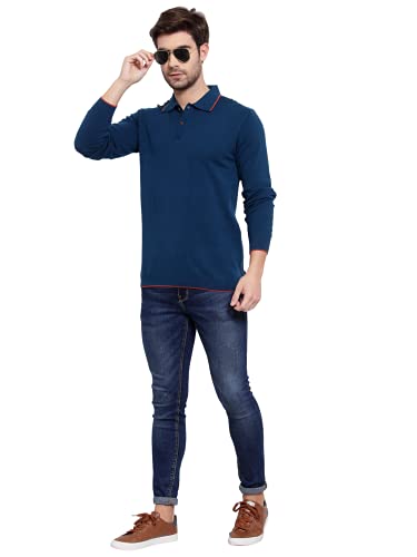 Image of Kalt Mens Basic Solid Full Sleeves Polo Cotton Blend Knitted Regular Fit Polo-Neck T-Shirts with Collar Stylish