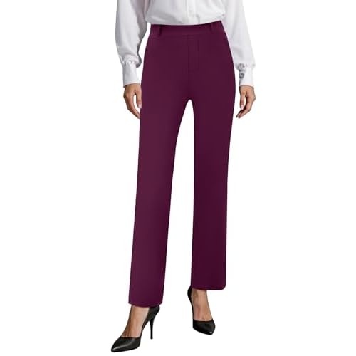 Womens Stretchy Dress Work Pants, Business Casual Straight Leg Office Trousers Pull On Slacks with 2 Pockets Berry Large
