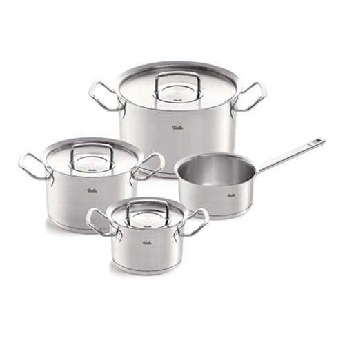 Fissler Original-Profi Collection Juego de ollas de acero inoxidable, 4 piezas, 3 ollas con tapa de metal, 1 cazo sin tapa, inducción