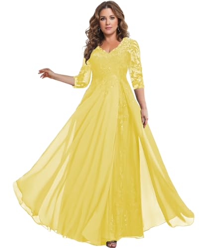 Image of HANVAIOS Sparkly Mother of The Bride Dresses for Women Long Chiffon 3 /4 Sleeve Lace Appliques Formal Gown