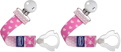 Image of Chicco Two-in-One Pacifier Clip with Loop and Ring Attachments | Loop for Teethers and Small Toys | Ring Included for Knob-Style Pacifiers | Secure Clasp is Gentle on Clothing | Pink (Pack of 2)