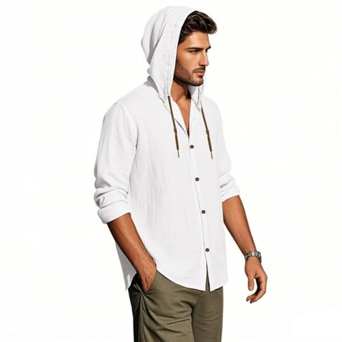 Men's Linen Hooded Shirt, Summer Cotton Linen Shirt，Fashion Lightweight Hoodie (White,XX-Large)4