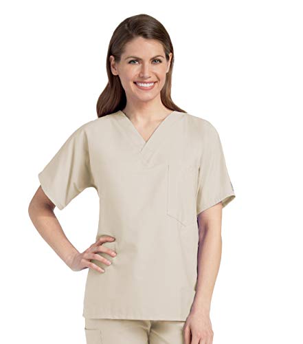 Scrub Zone Premium Uniform Medical One Pocket V-Neck Scrub Top, Sand, Small