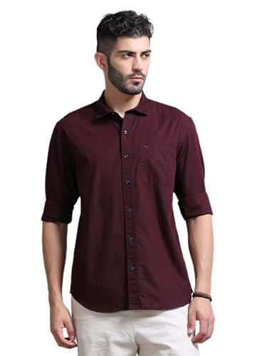 Image of Men Slim Fit Solid Spread Collar Casual Shirt